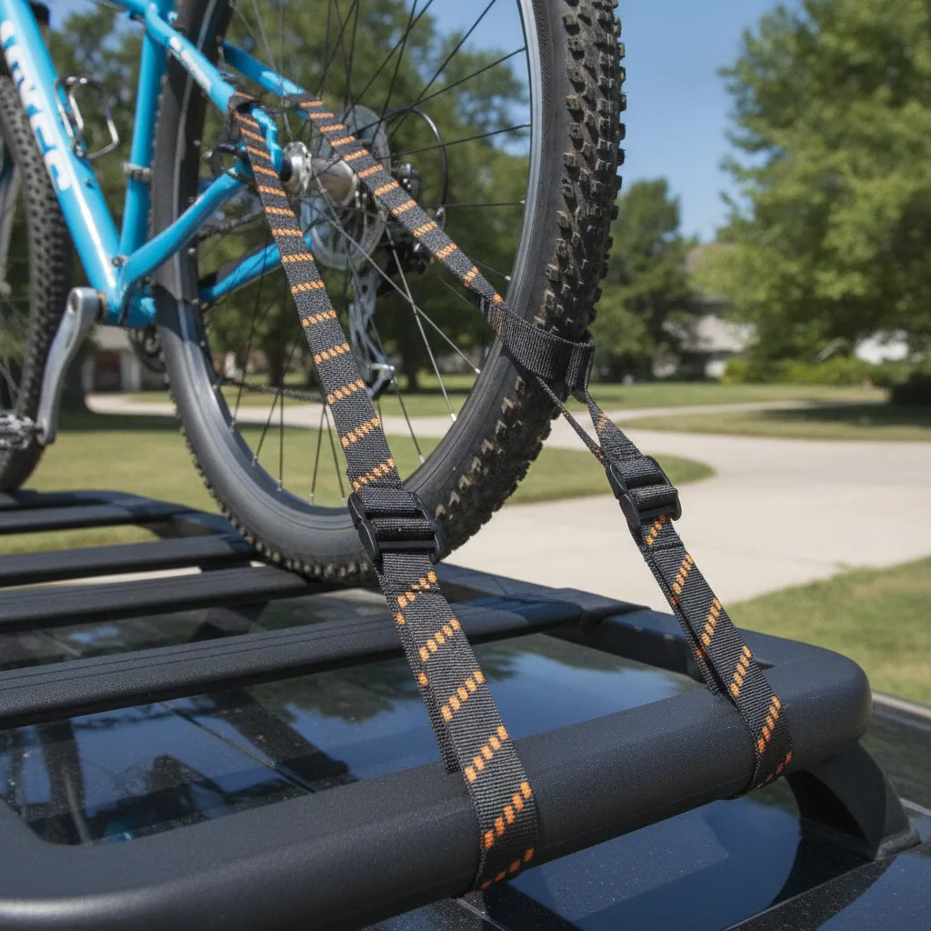 Elastic cargo straps with plastic buckles securing a mountain bike to a roof rack in daylight.