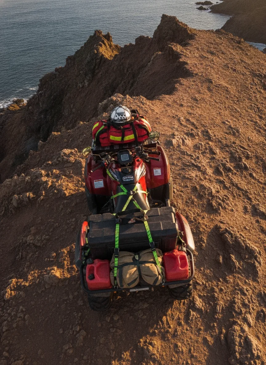 Overhead view of expedition motorcycle on coastal ridge with elastic straps securing gear, ocean horizon and rocky terrain visible.