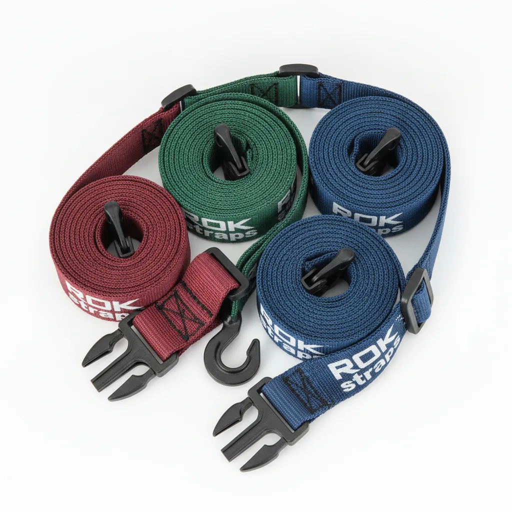 Coiled elastic cargo straps in red, green, and blue with black plastic buckles on white studio background.
