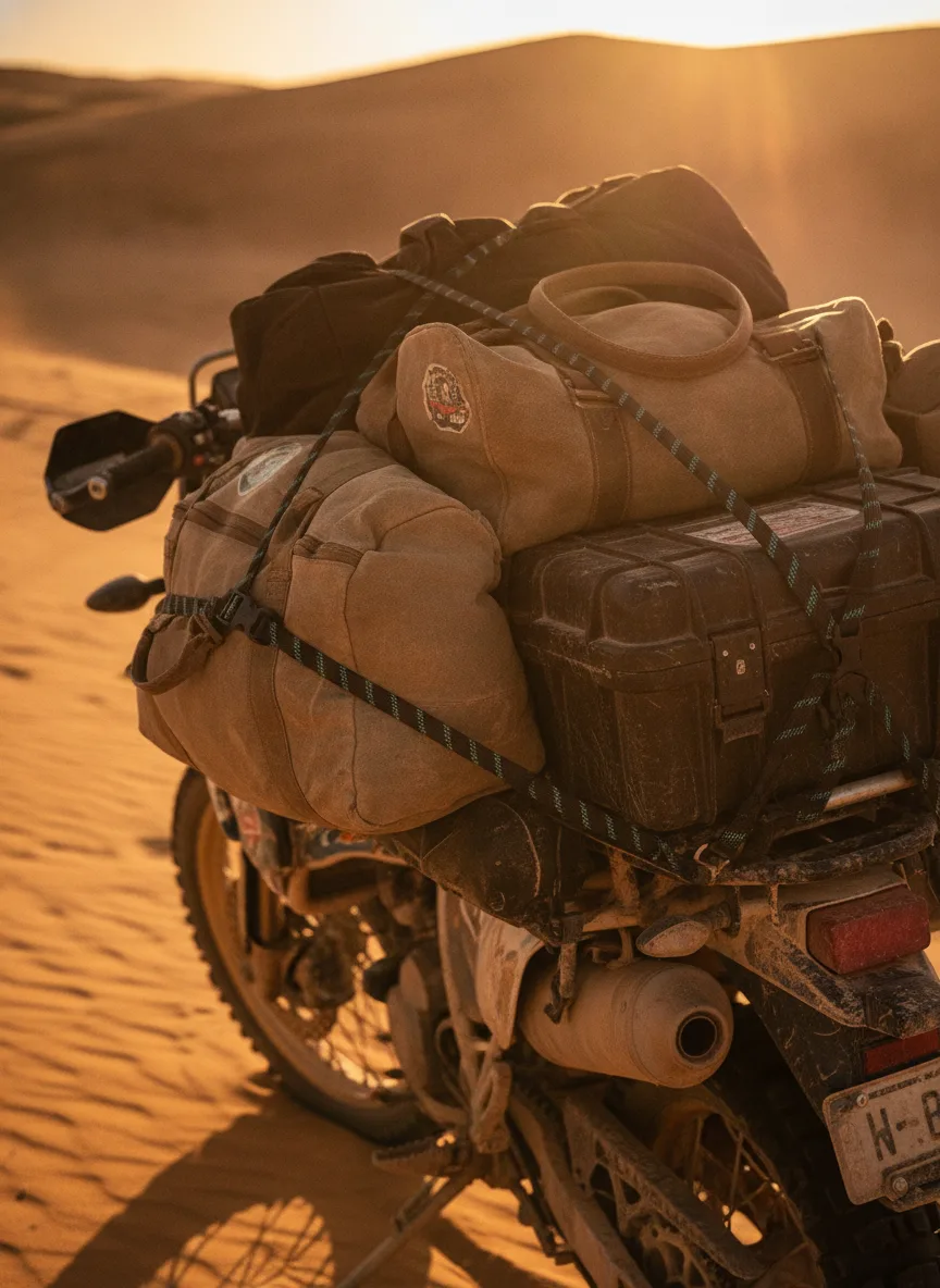 Close-up of elastic cargo straps securing duffle bags on desert motorcycle, low-angle golden hour lighting with sand dunes behind.