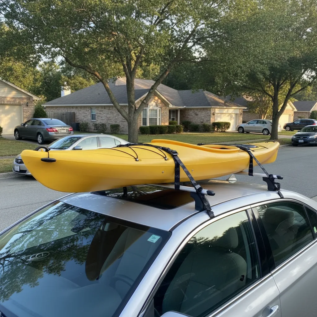 Yellow kayak secured to car roof with elastic cargo straps and black plastic buckles in bright daylight.