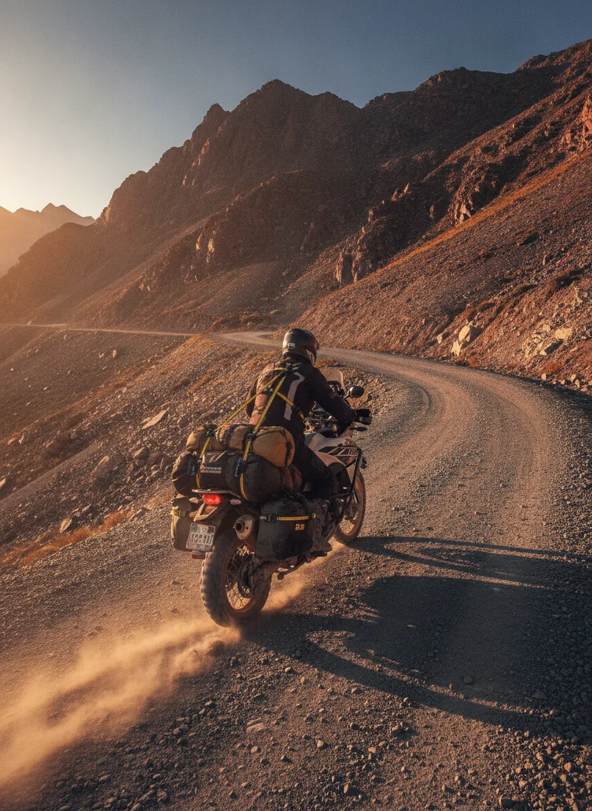 Motorcycle with rider ascending mountain pass, gear secured by elastic cargo straps at golden hour with dust and dramatic shadows.