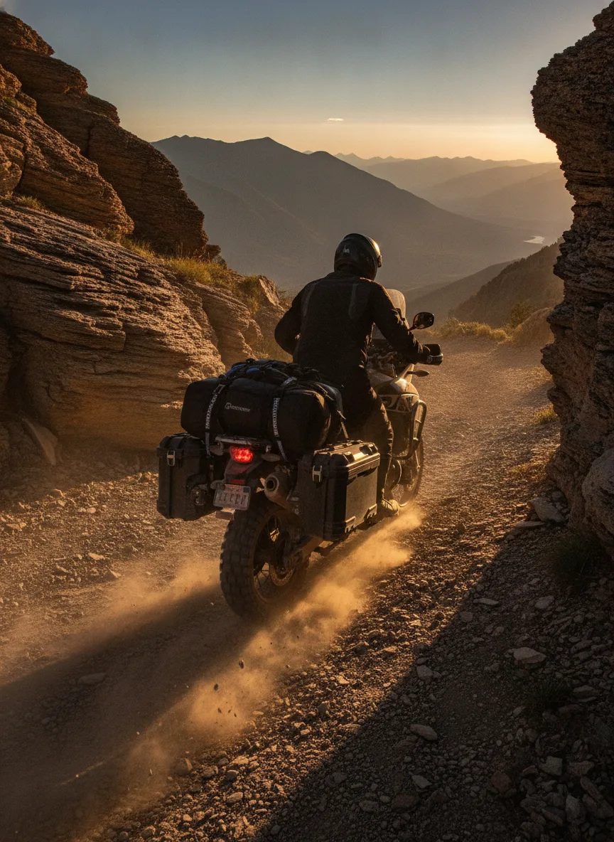 Adventure motorcycle with secured cargo straps ascending mountain pass at sunset with rider silhouette.