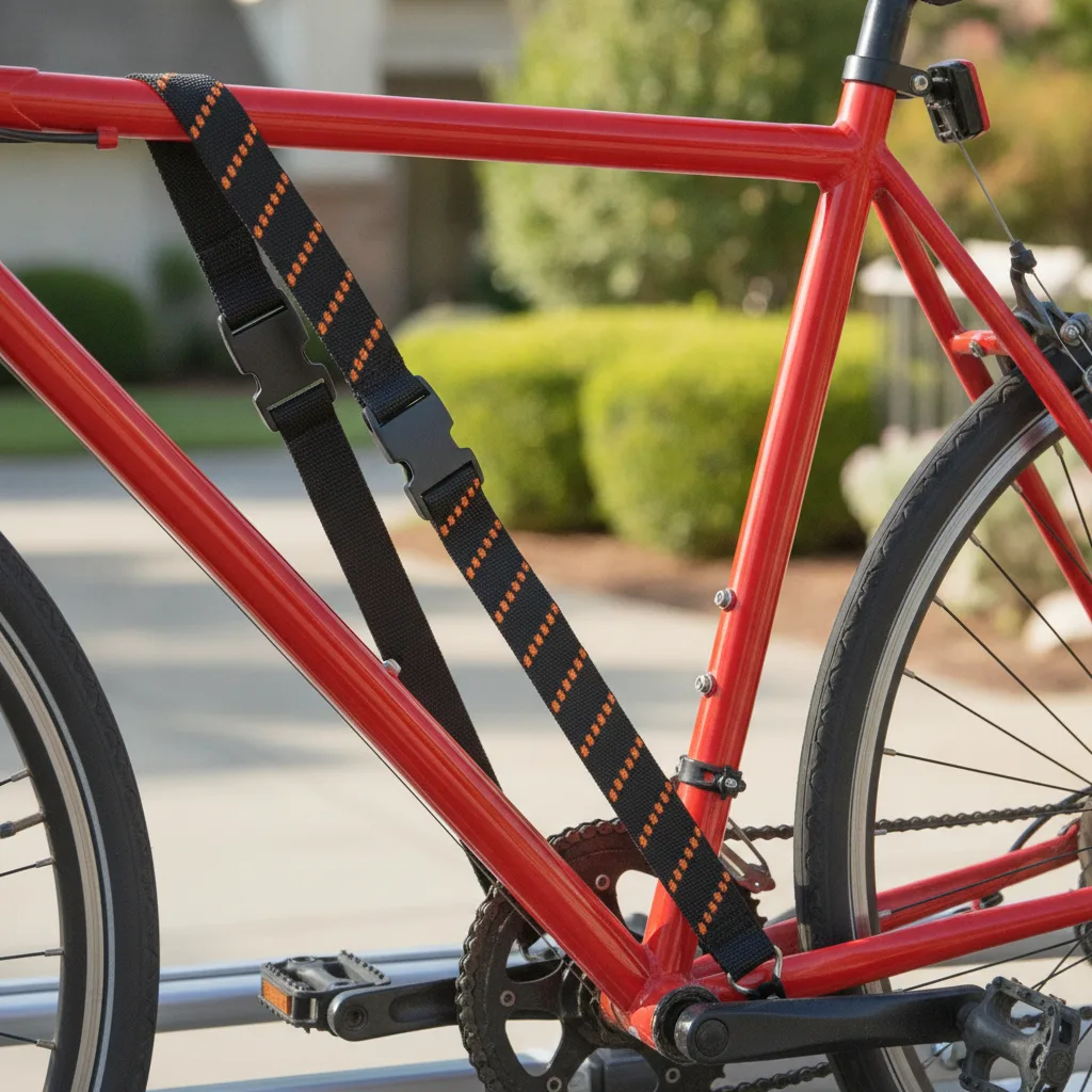 Elastic cargo straps with black buckles securing a red bicycle to a roof rack in daylight.