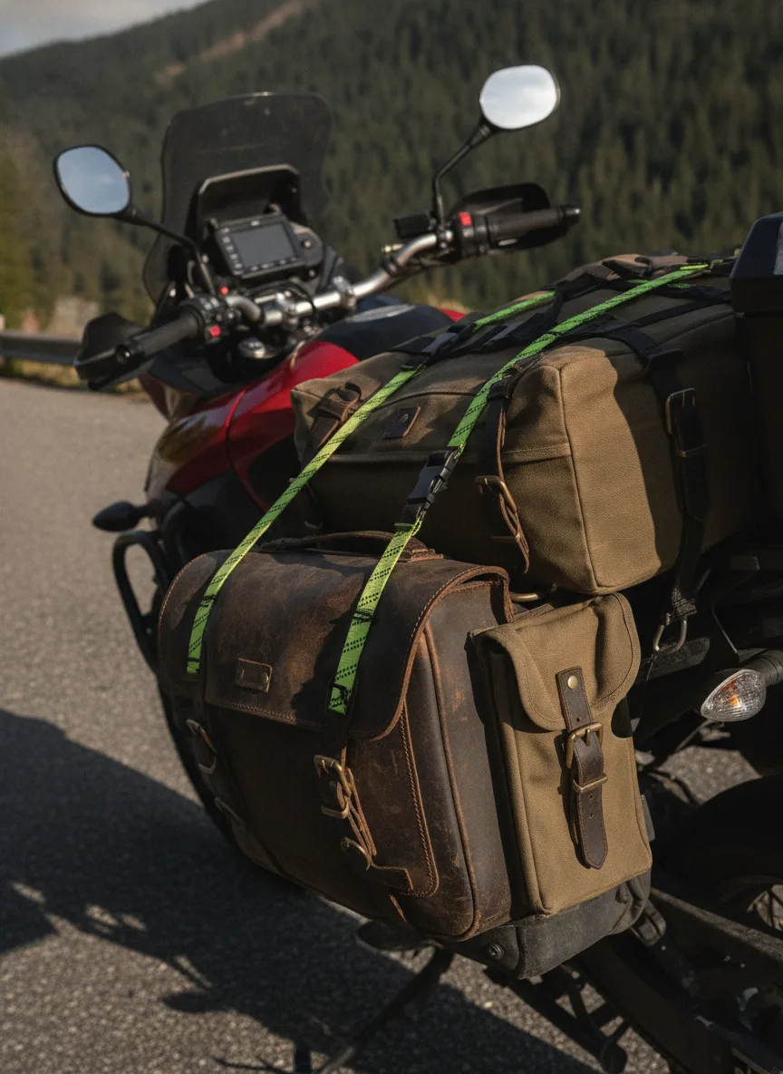 ROK Straps Motorcycle Gear Detail Close-up of elastic cargo straps with buckles securing motorcycle saddle bags on mountain road.