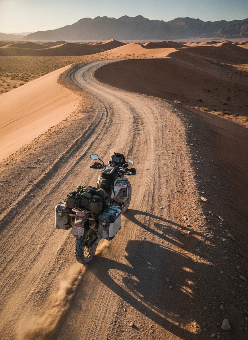 Overhead view of loaded adventure motorcycle with cargo straps on desert ridge at golden hour.