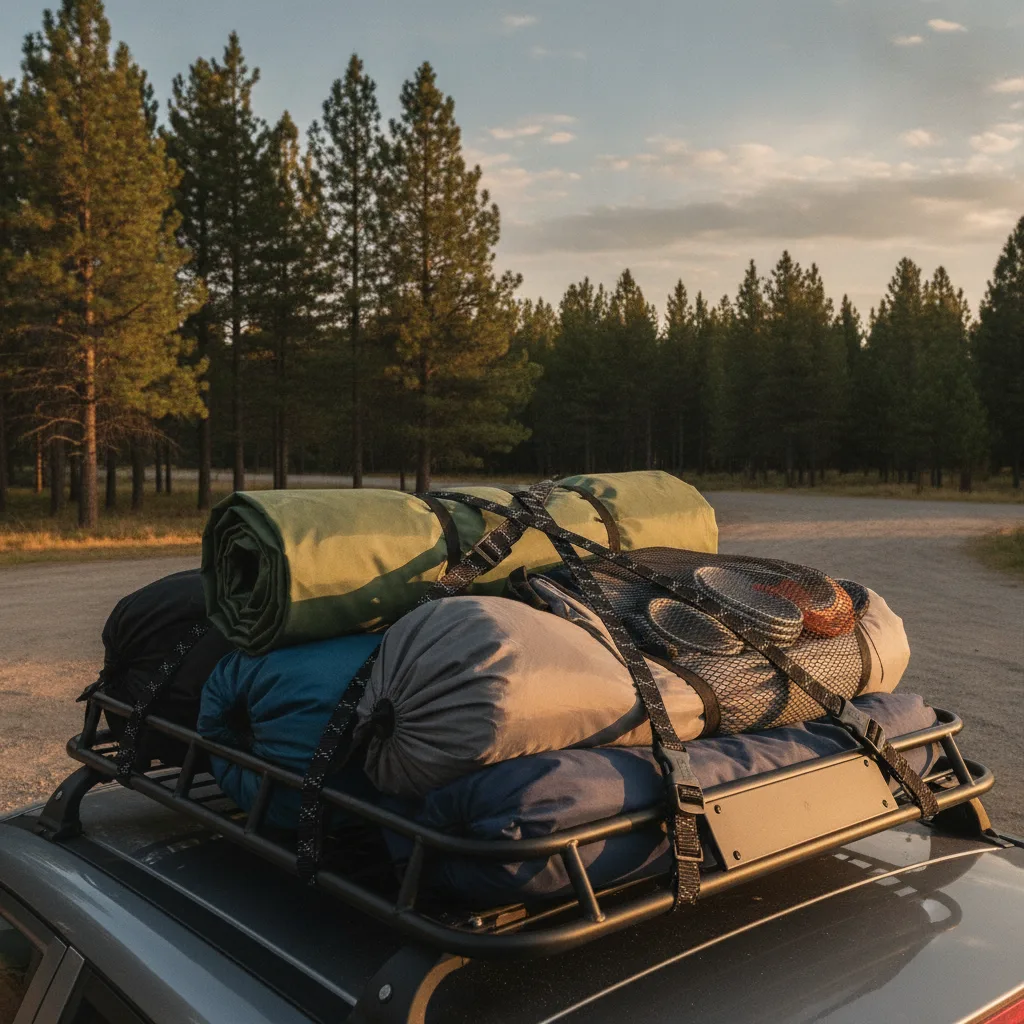 Multiple elastic cargo straps with plastic buckles securing bundled camping gear on a roof rack outdoors.