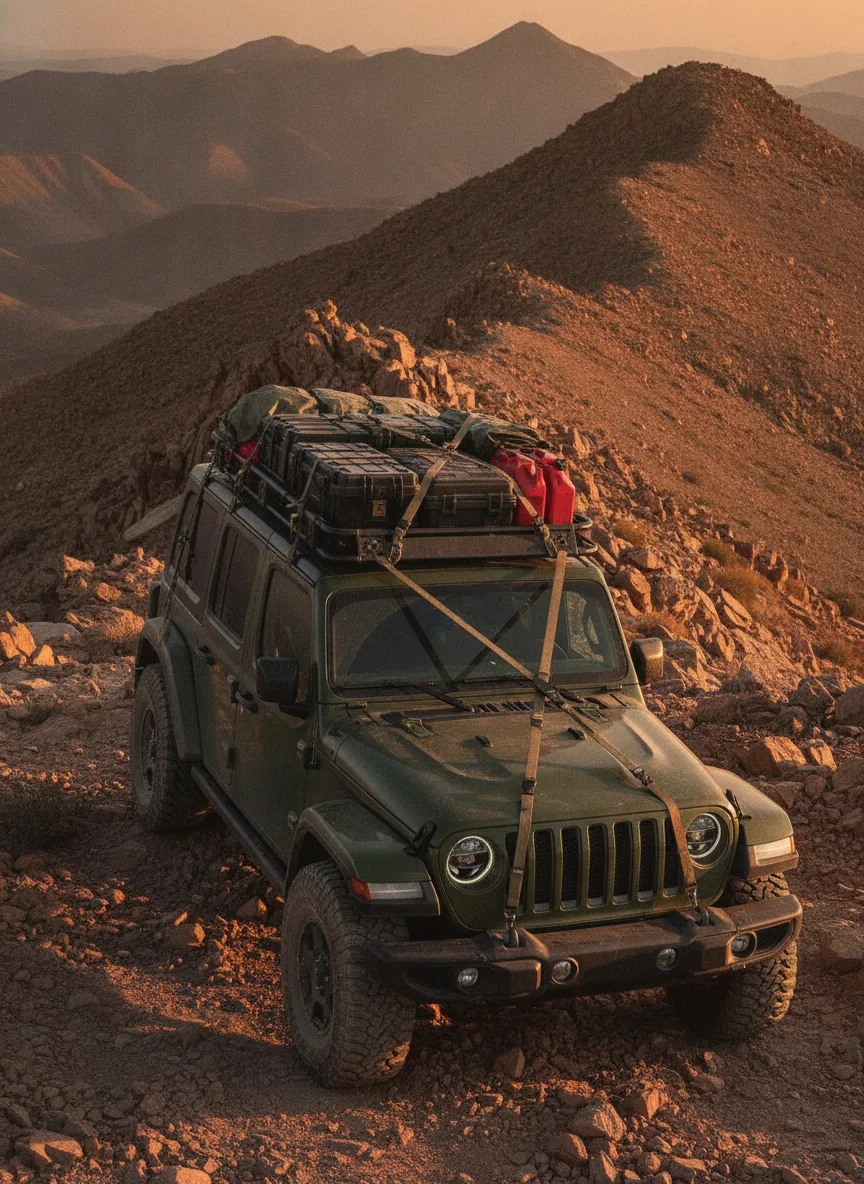 ROK Straps securing expedition boxes to a 4x4 roof rack on rocky mountain terrain at sunset.