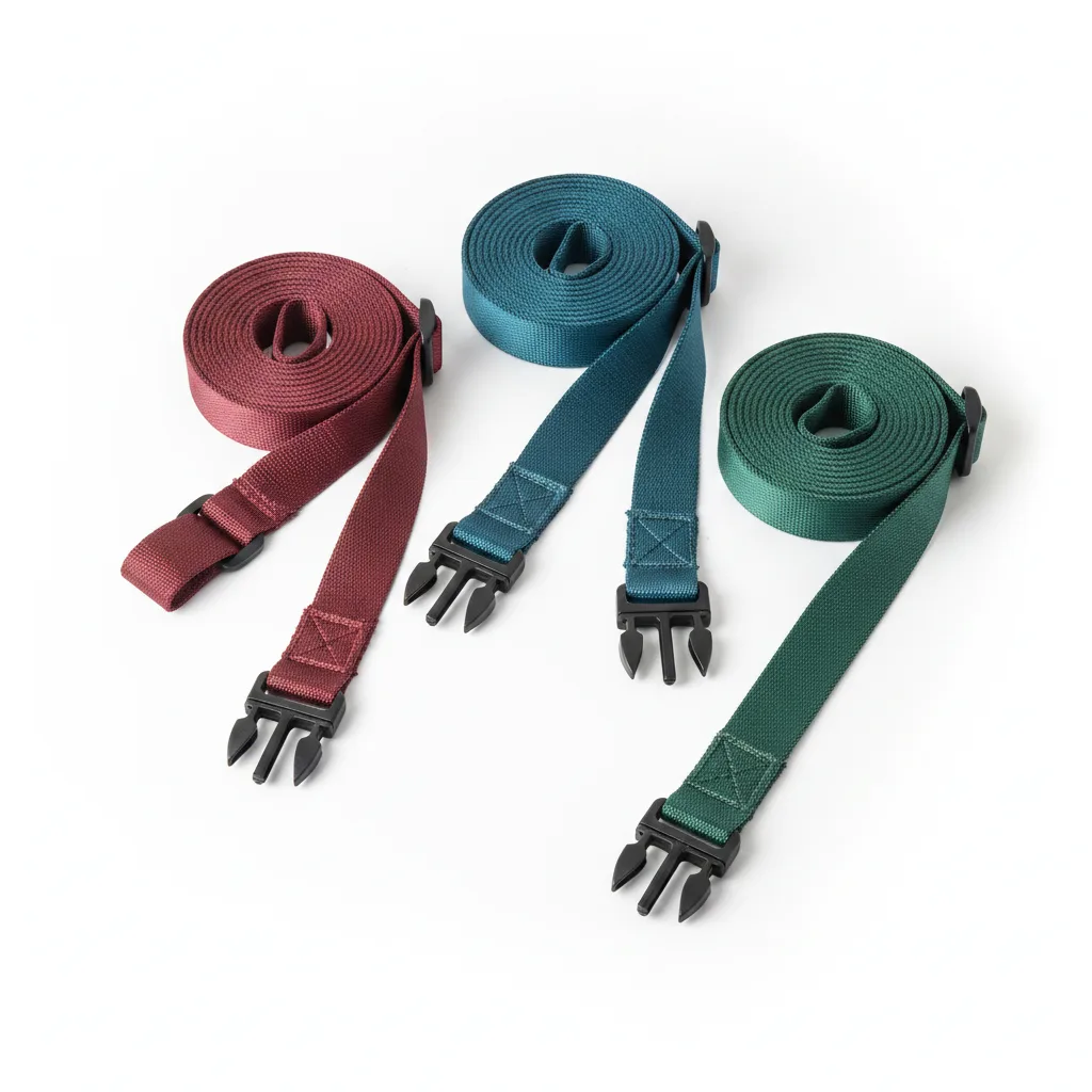 Colorful elastic cargo straps coiled and stretched on white background with black plastic buckles visible.
