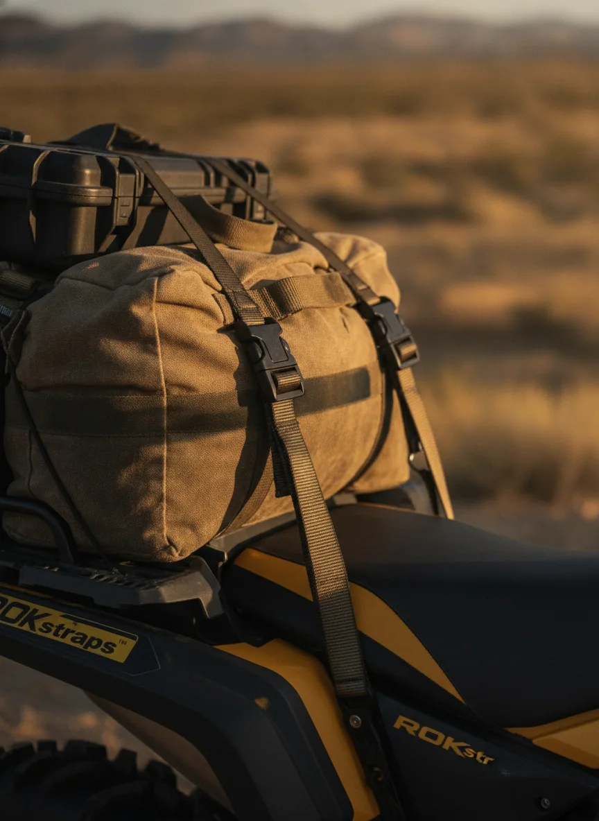 Close-up of ROK Straps with black buckles securing gear to an adventure motorcycle on desert terrain.