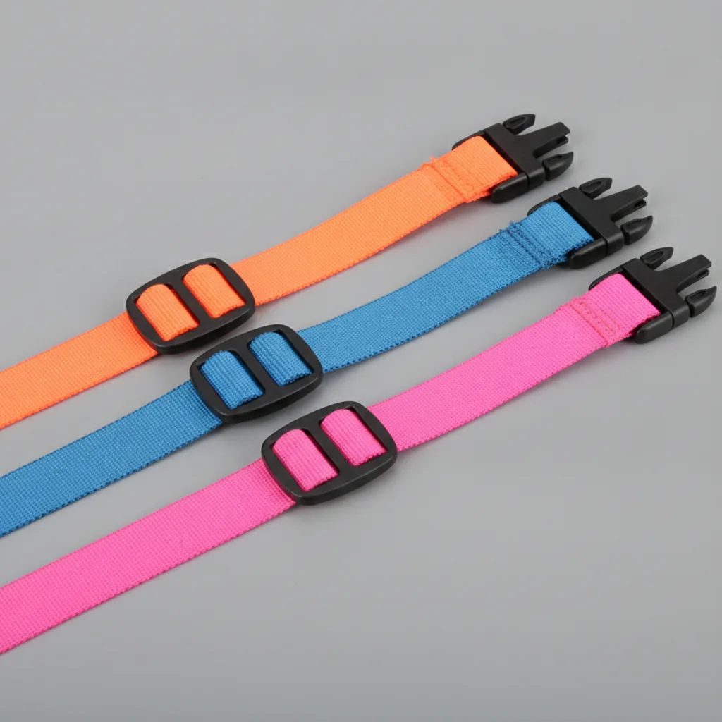 Stretched elastic cargo straps in bright neon colors with plastic black buckles on gray studio background.