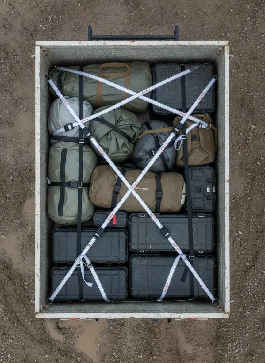 Overhead view of ROK Straps securing bundled expedition cargo in a truck bed on muddy terrain.