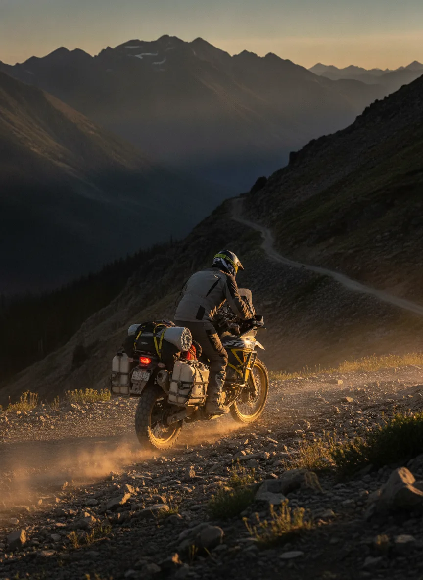 Adventure motorcycle with rider climbing mountain pass at sunset, cargo secured with elastic straps with black buckles.