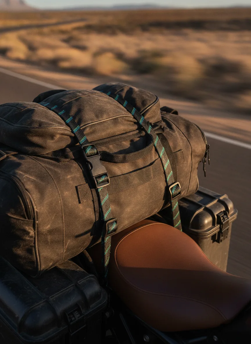 Close-up of elastic cargo straps with black buckles securing motorcycle gear on desert highway at golden hour.