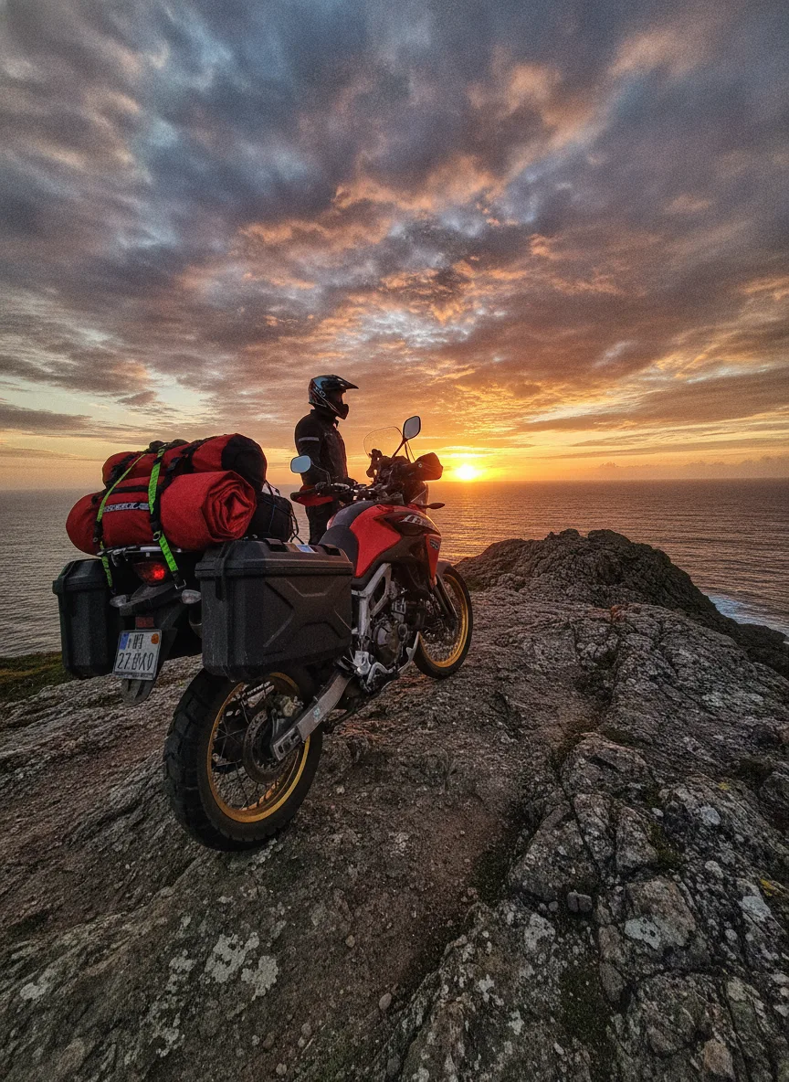 Adventure motorcycle with rider on coastal ridge at sunset, expedition gear secured with elastic straps and black buckles.