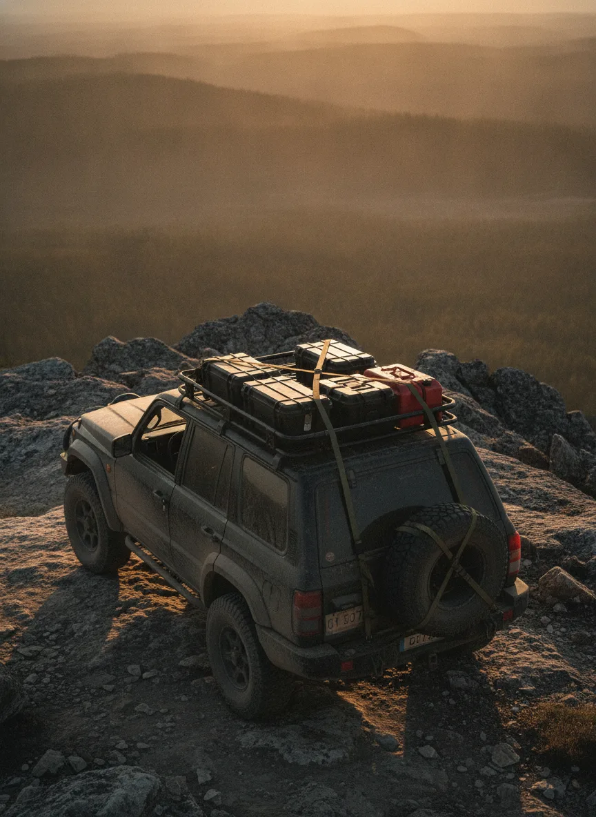 ROK straps securing expedition gear on a loaded 4x4 roof rack at golden hour on a mountain ridge.