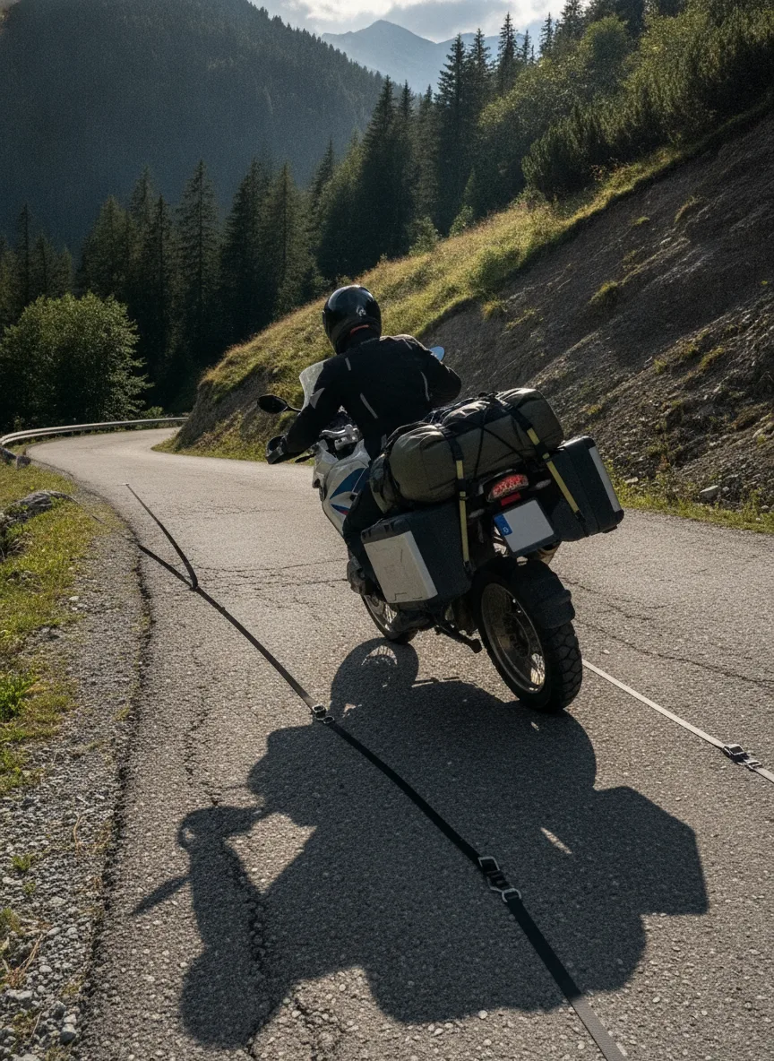 Adventure motorcycle loaded with cargo straps securing gear on a mountain pass road at golden hour.