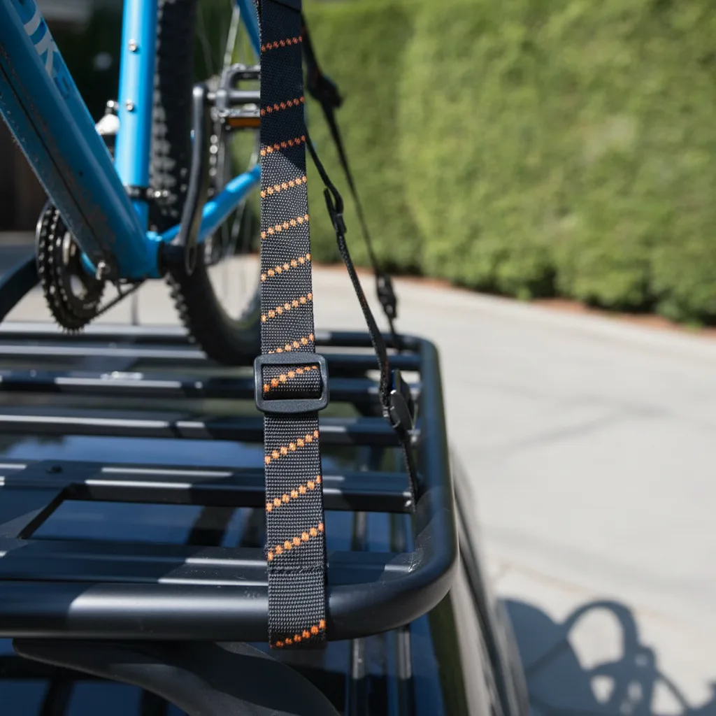 ROK Straps bicycle roof rack daylight Elastic cargo straps with black buckles securing a bicycle to a roof rack in daylight.