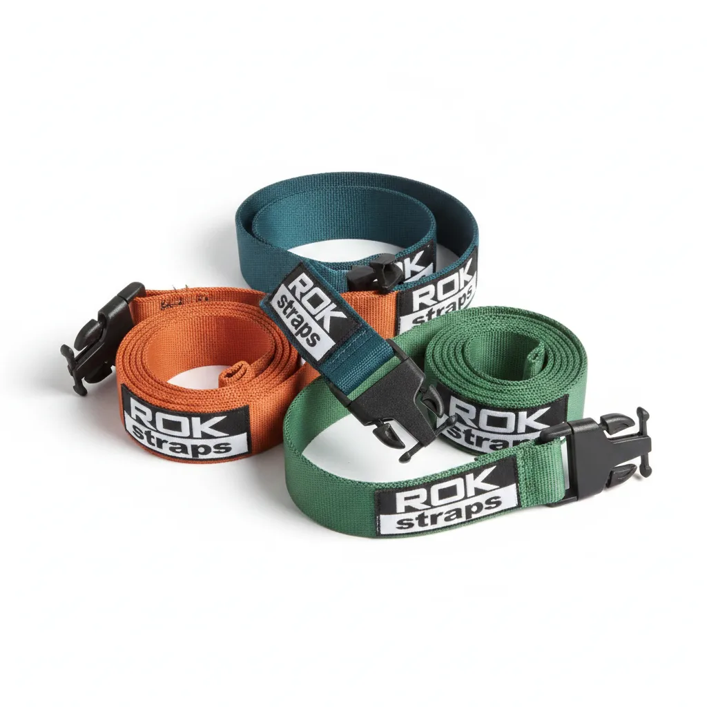 ROK Straps coiled elastic cargo straps studio hero Vibrant elastic cargo straps coiled and stretched on white background with black plastic buckles.