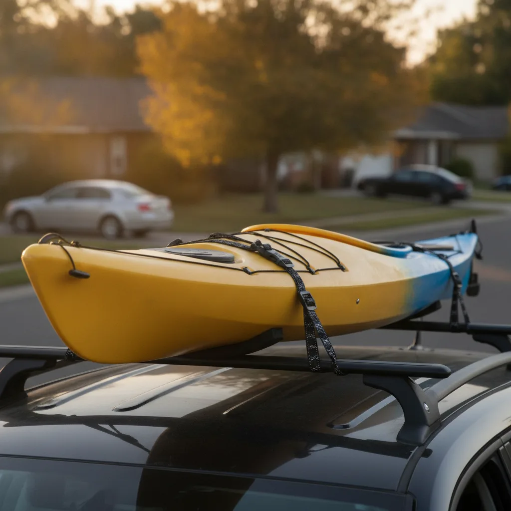 ROK Straps kayak roof rack afternoon light Elastic cargo straps securing a kayak to a vehicle roof rack in afternoon sunlight.