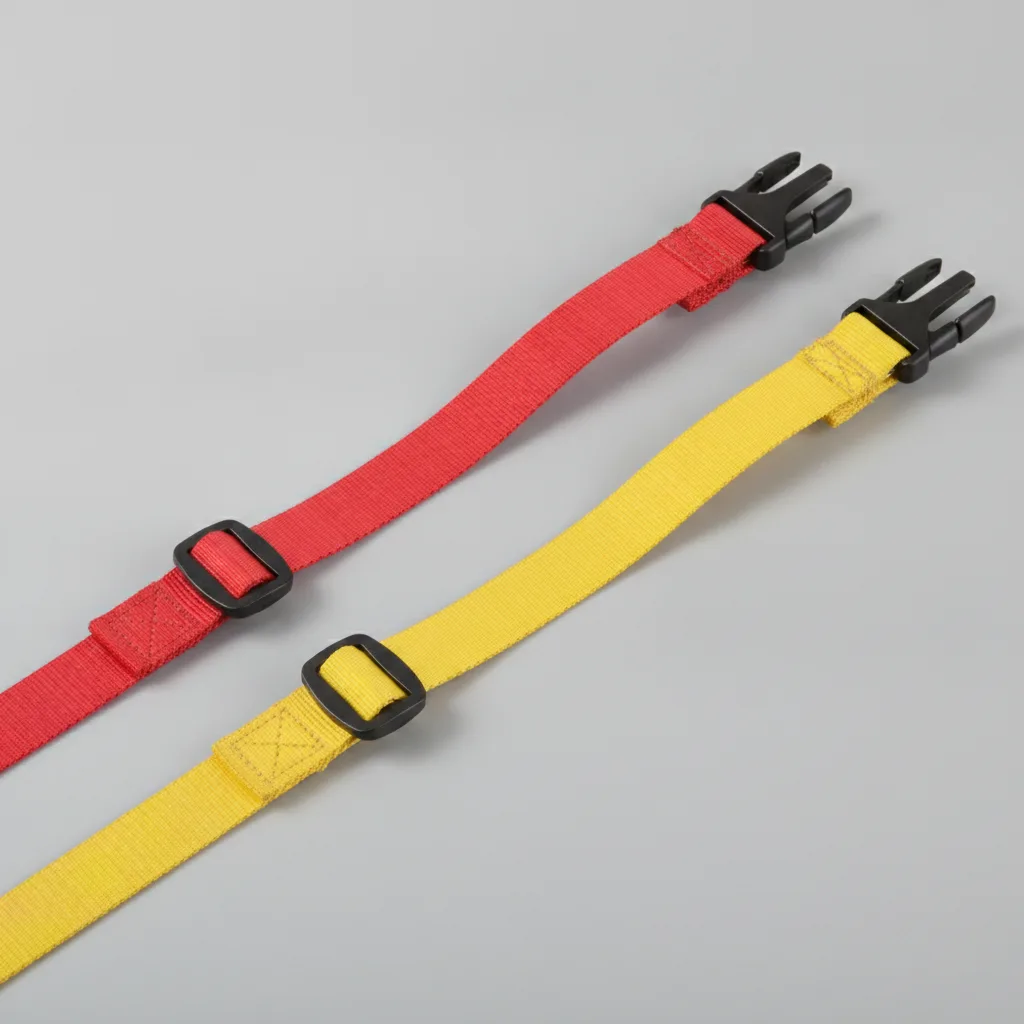 ROK Straps stretched buckle cargo webbing studio Stretched elastic cargo straps with black plastic buckles on gray studio backdrop.