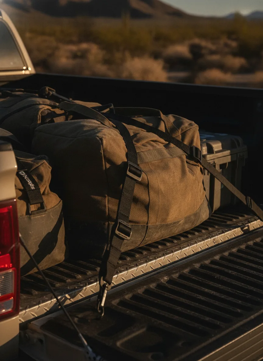 Elastic cargo straps with black buckles securing gear to a truck bed in desert overland terrain.