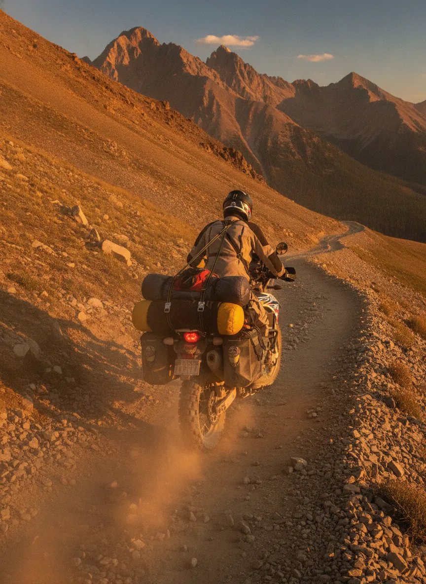 Adventure motorcycle with rider ascending mountain pass at sunset, gear secured with elastic cargo straps.