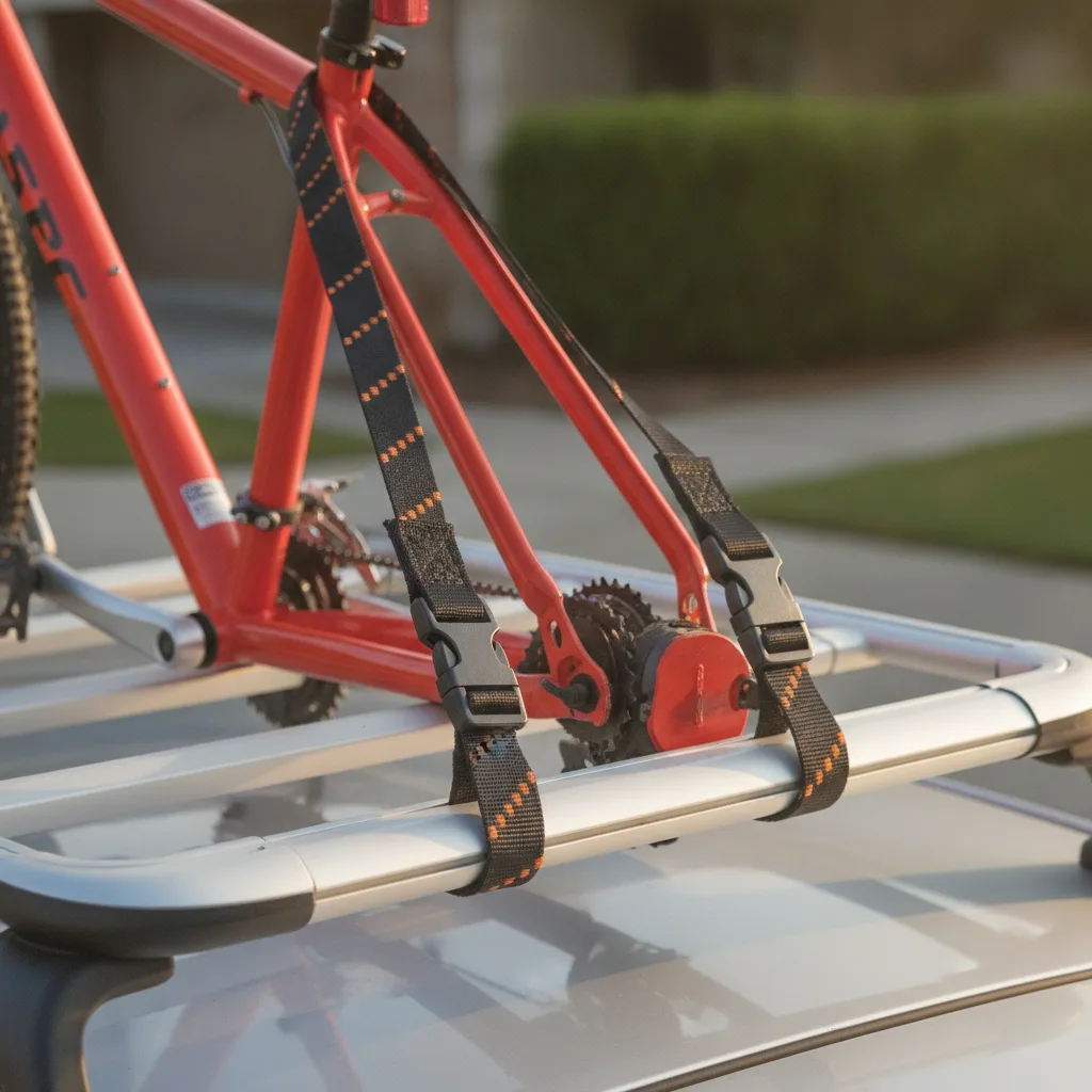 Elastic cargo straps with black buckles securing a red bicycle to a roof rack in morning sunlight.
