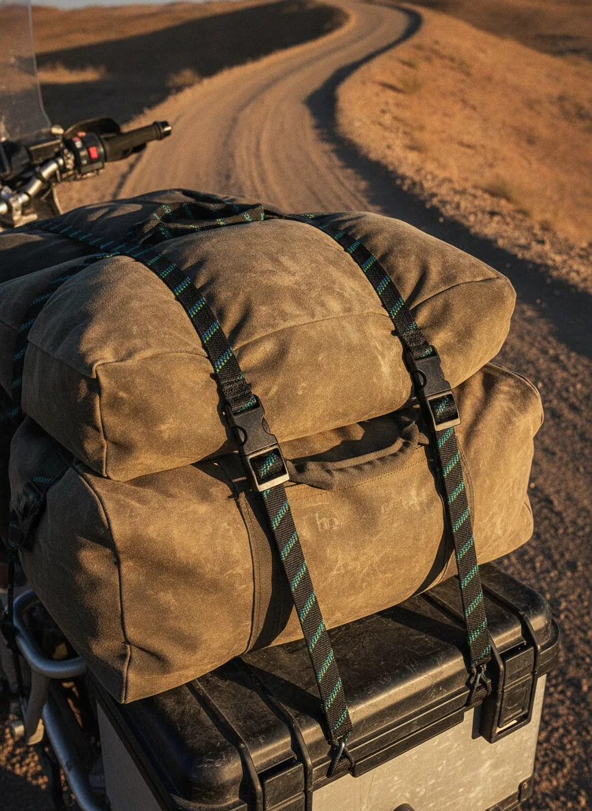 Overhead cargo straps motorcycle desert ROK detail Overhead detail of elastic cargo straps securing motorcycle expedition gear in desert landscape.