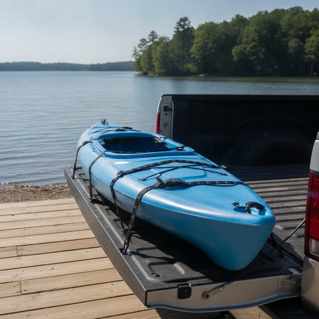 Blue kayak secured with elastic cargo straps on a truck bed near a lake in bright daylight.