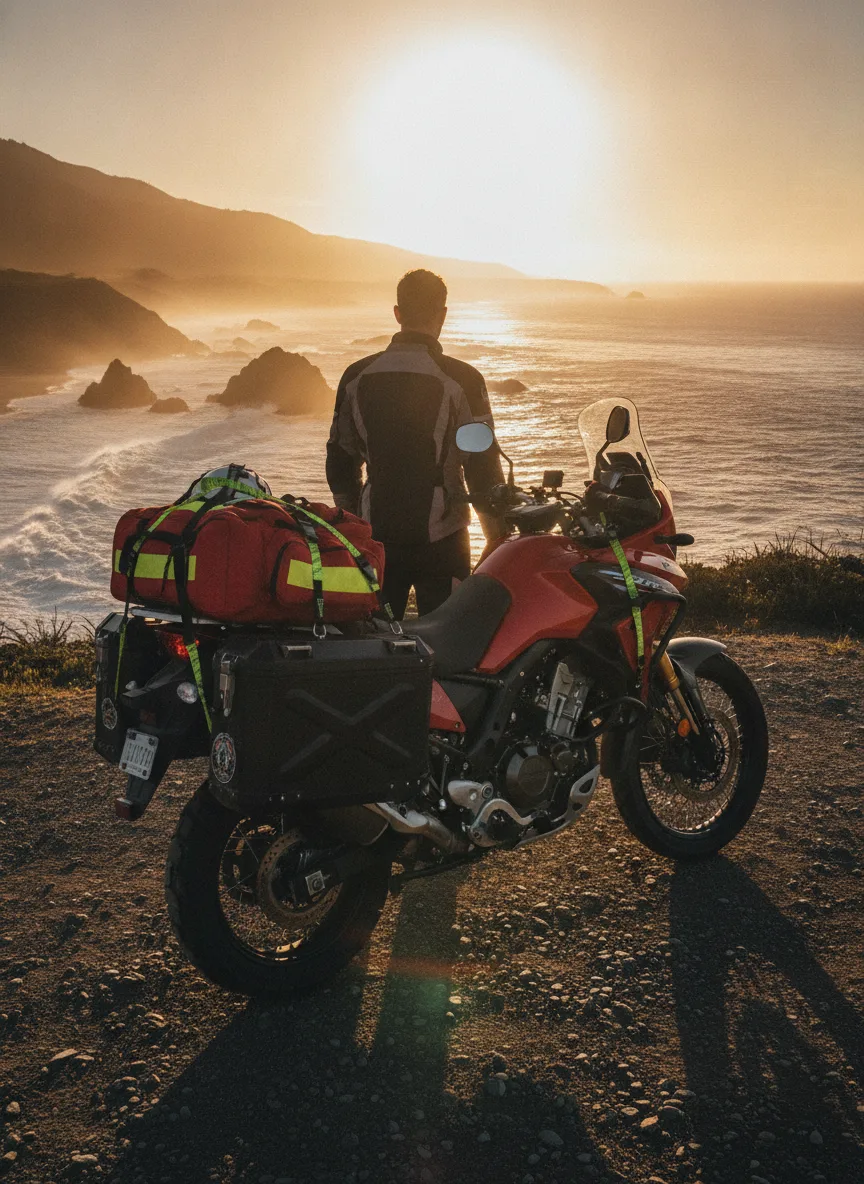 Coastal highway motorcycle ROK straps golden hour Adventure motorcycle with gear secured by elastic cargo straps parked on coastal cliff at golden hour.