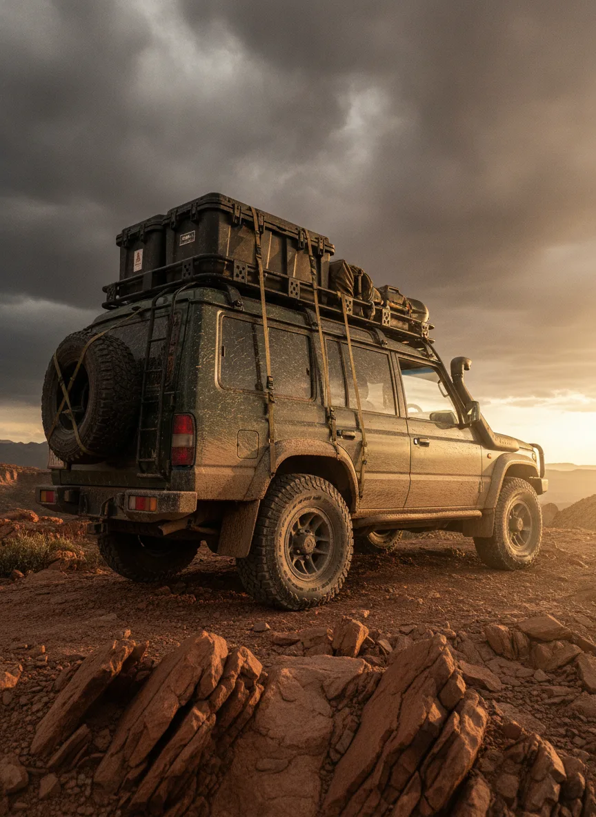 4x4 vehicle loaded with gear secured by elastic cargo straps on a rocky mountain ridge under overcast sky.