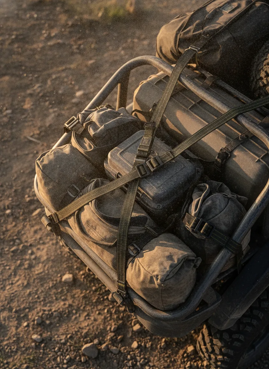 Close-up of elastic cargo straps with plastic buckles securing duffle bags and expedition gear to a 4x4 frame.