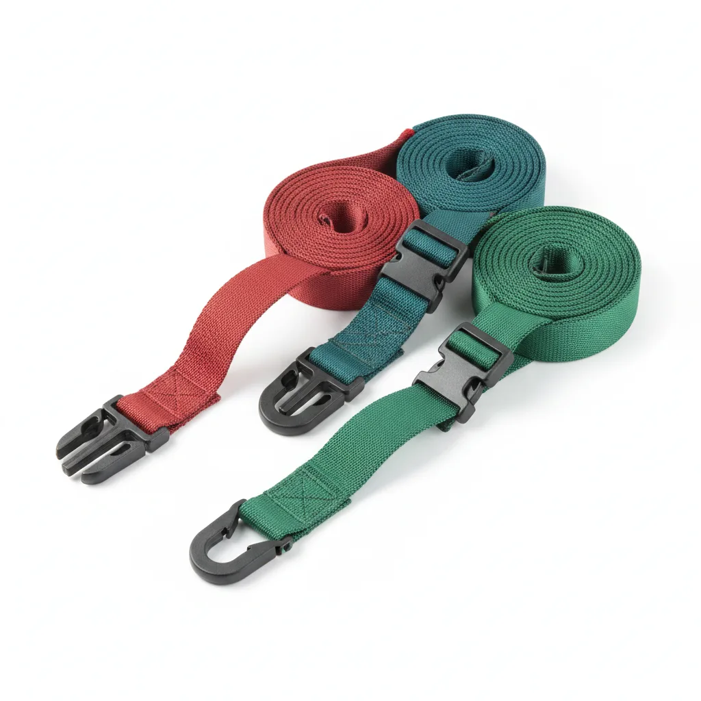 Three colorful elastic cargo straps coiled on white background with black plastic buckles and studio lighting.