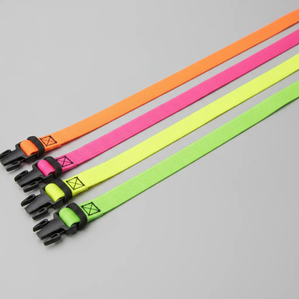 Vibrant elastic cargo straps stretched diagonally on gray background with black plastic buckles under studio lights.