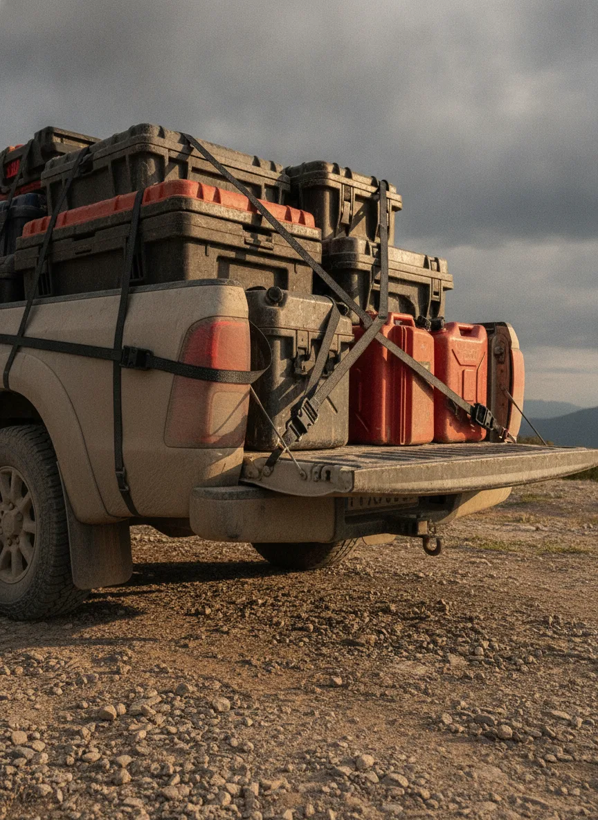 Truck bed loaded with expedition gear secured by elastic cargo straps under overcast afternoon light.