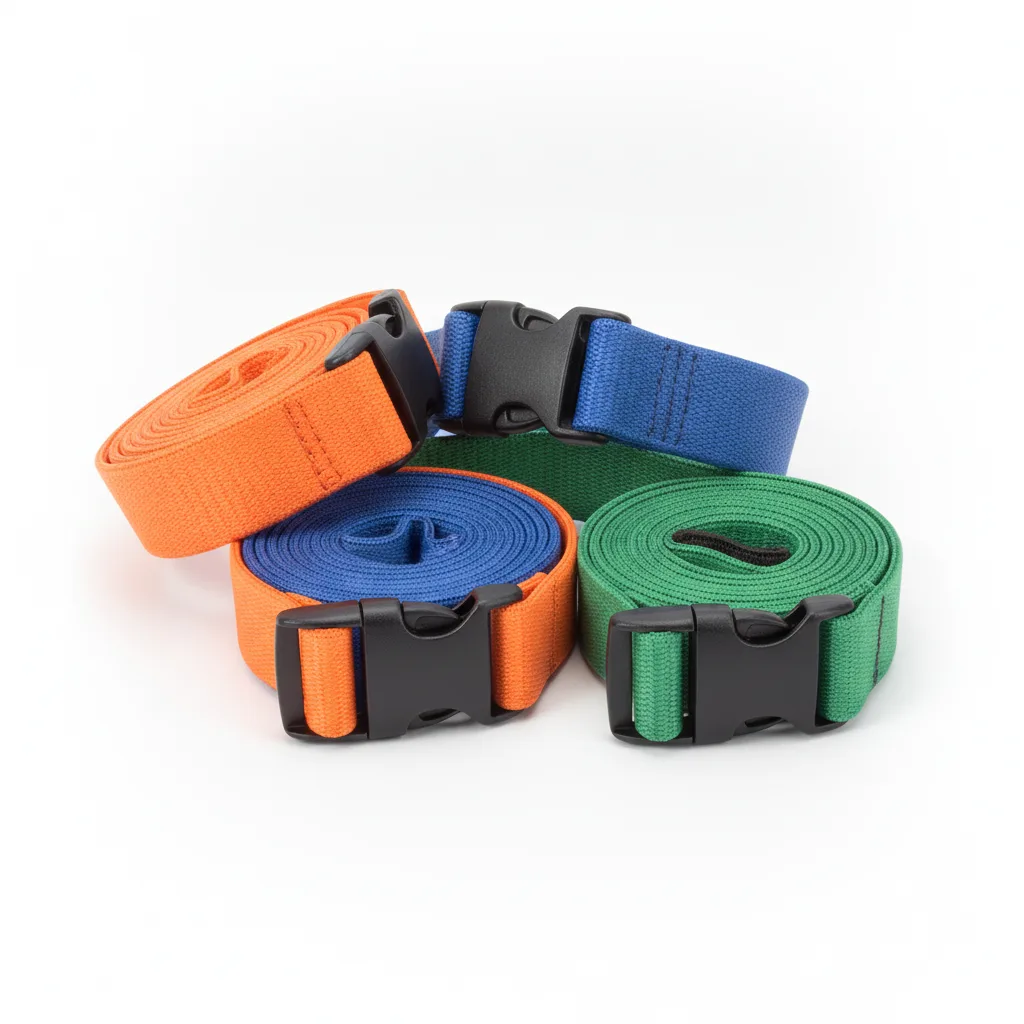 Colorful elastic cargo straps coiled on white studio background with black plastic buckles.